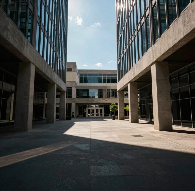 Wide-angle architectural view of modern Texas metro concrete and glass structures, sharp low-sun casting long geometric shadows, high contrast natural light, deep shadows.