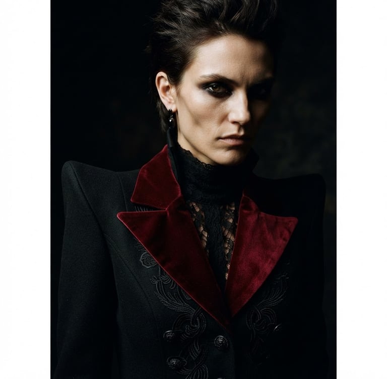 dark editorial fashion photography, close-up of a model wearing a structured sharp-shouldered gothic blazer with deep cherry red velvet lapels, low-key chiaroscuro lighting, dramatic shadows, 35mm