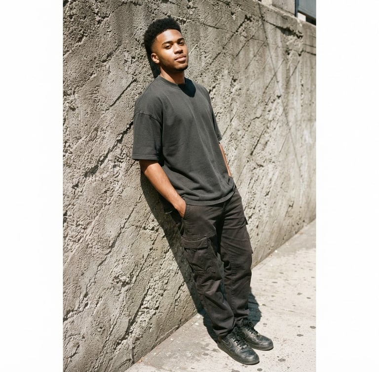 Low-angle street fashion shot of a model leaning against a concrete wall, wearing a heavy-weight off-black t-shirt showing a dropped shoulder fit, direct harsh sunlight, sharp shadows, 35mm film grain.