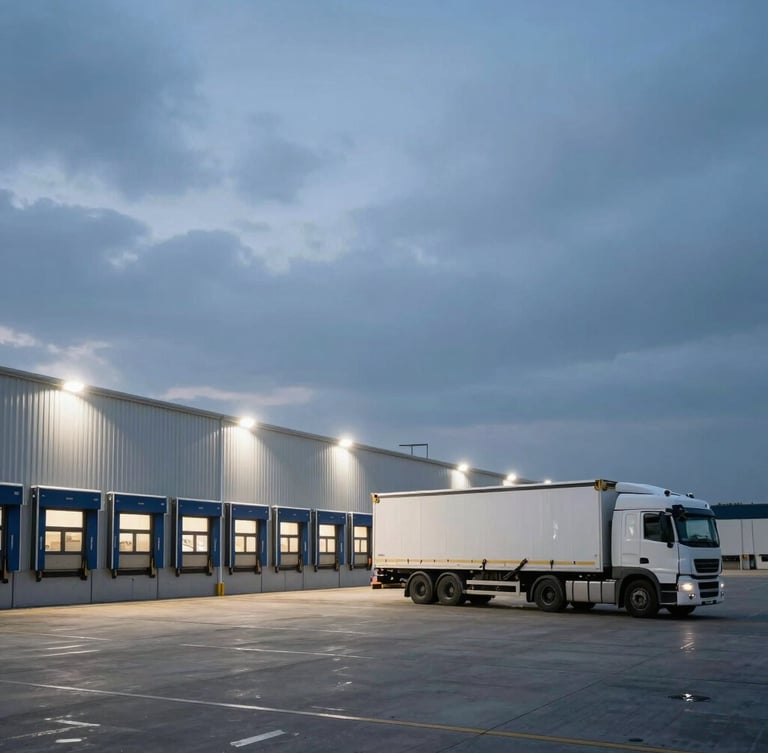Wide environmental shot of a European logistics hub at dawn, cold overcast sky, loading docks illuminated by stark white lights, a cargo truck positioned on the right with tension straps visible.