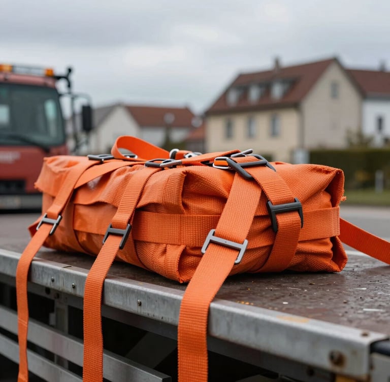 Close-up of heavy-duty orange cargo securing straps under high tension on a flatbed trailer, overcast European winter sky, sharp industrial focus.