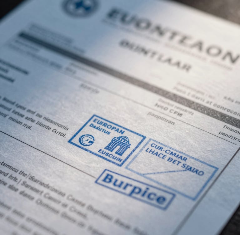 Macro close-up of European customs transit documents under cold morning light, focus on official stamps and technical freight paperwork.