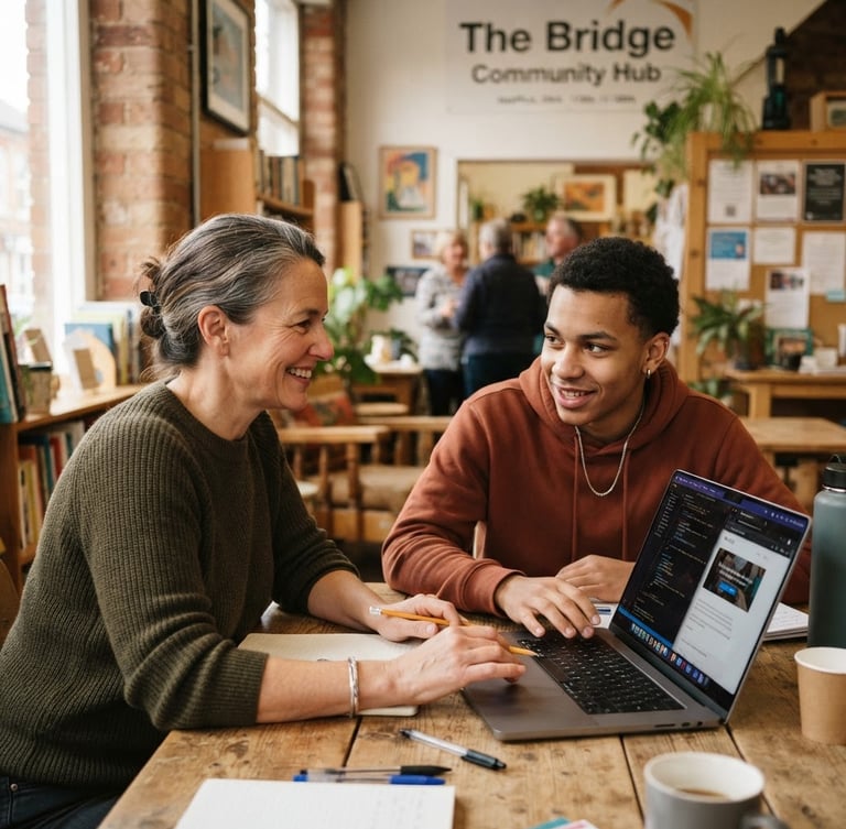 Medium documentary shot of a mentor and a young adult working together on a laptop in a warm, naturally lit community center, rich earthy tones, authentic eye contact.