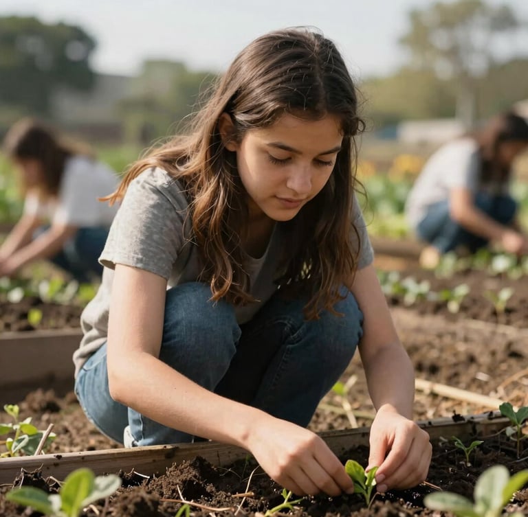 Focused portrait of a young woman, a scholarship recipient, engaging in a community garden project, natural morning light, rich earthy tones, medium depth of field, authentic documentary style.