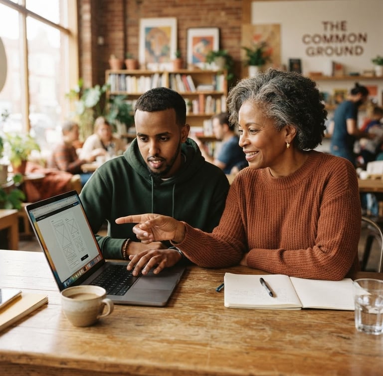 Warm editorial photograph of an experienced mentor and a young mentee collaborating over a laptop in a sunlit community center, natural morning light, rich earthy tones, medium depth of field, authentic documentary style.
