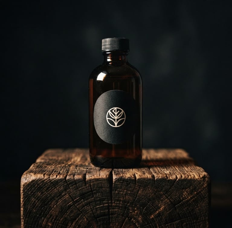 A clean, centered product portrait of a dark amber glass bottle with a minimal, high-contrast label, resting on a rich oak block. Dramatic, low-key side lighting from the left casts deep shadows across the wood grain.