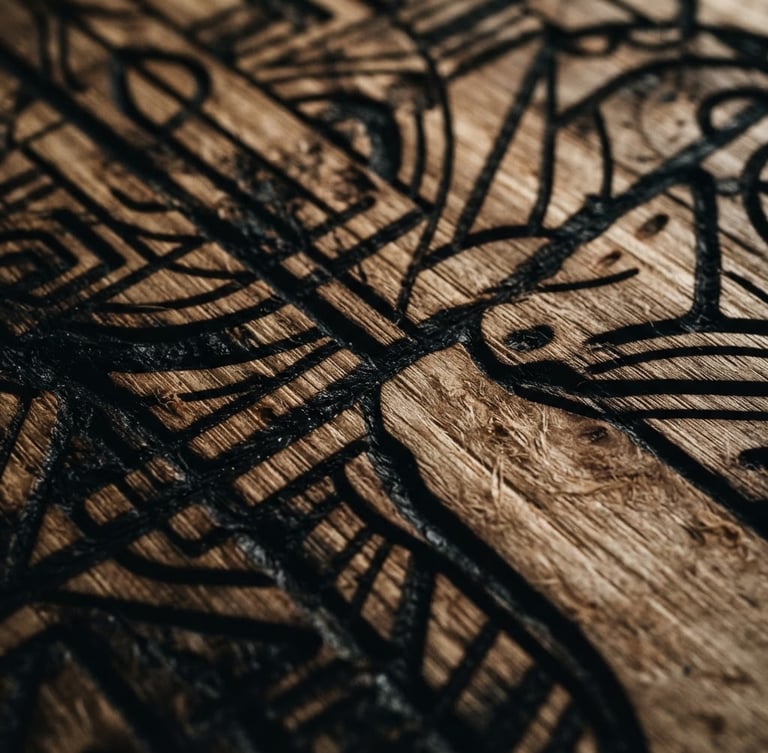 Extreme close-up of high-contrast laser-engraved Baltic birch wood grain, deep charred valleys, dramatic side lighting, macro lens, 35mm
