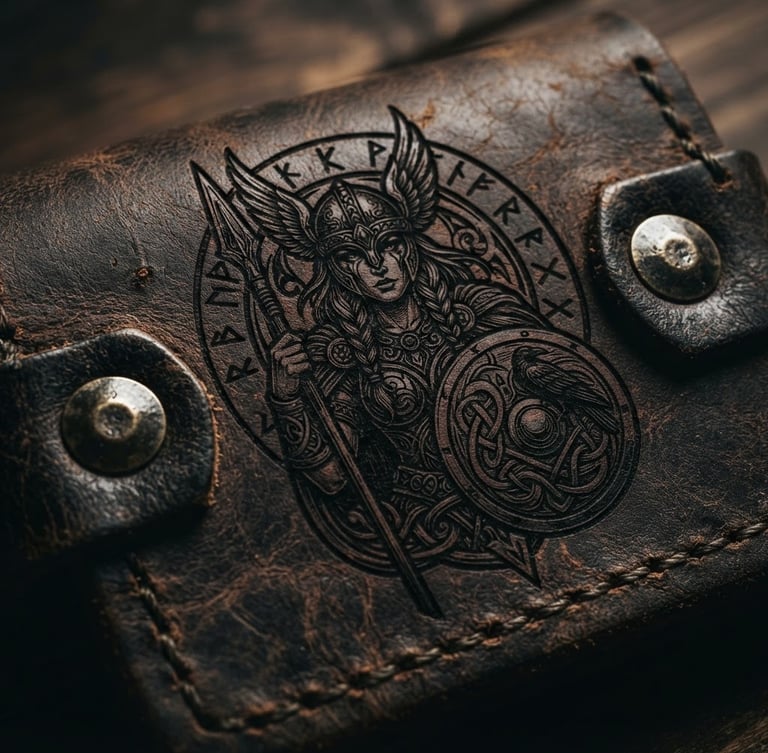Extreme macro shot of thick, dark oil-tanned leather, deep precision laser engraving of a Viking Valkyrie motif, heavy brass rivets, dramatic side lighting, rich textures