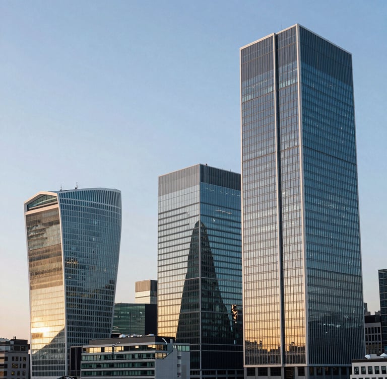 Wide architectural shot of a modern European financial district at morning light, clean glass facades reflecting a soft blue sky, ample negative space on the left.