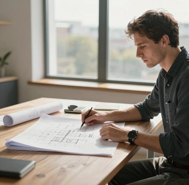 Vue de profil de mains d'un entrepreneur examinant des plans d'architecte sur un bureau en bois clair, éclairé par la lumière naturelle du matin à travers une grande fenêtre.