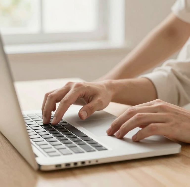 Close-up of friendly hands guiding another hand on a laptop trackpad, soft natural window light, warm cream tones, highly detailed