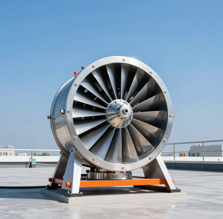 Straight-on technical shot of a stainless steel turbine ventilator spinning on a factory roof, bright blue sky background, clean industrial photography, sharp focus, high contrast.