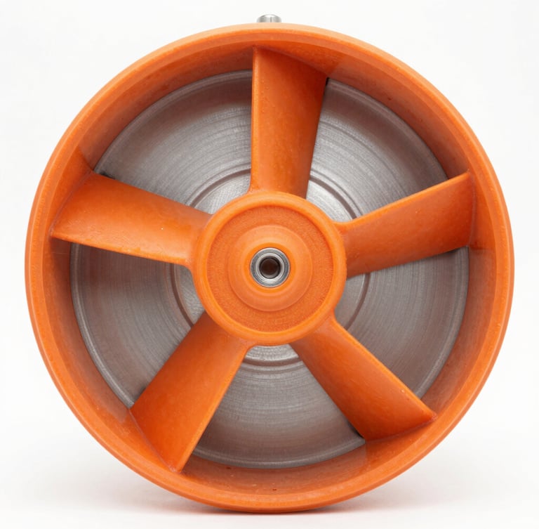 Close-up of a molded orange fiberglass fan impeller, seamless heavy-duty construction, high-contrast industrial studio lighting, sharp focus on composite textures, 50mm lens