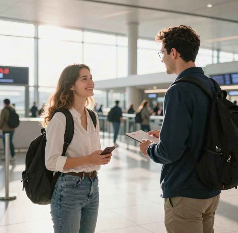 Bright editorial portrait of a student being greeted by a local coordinator at a modern European airport arrival terminal, warm natural light, 35mm