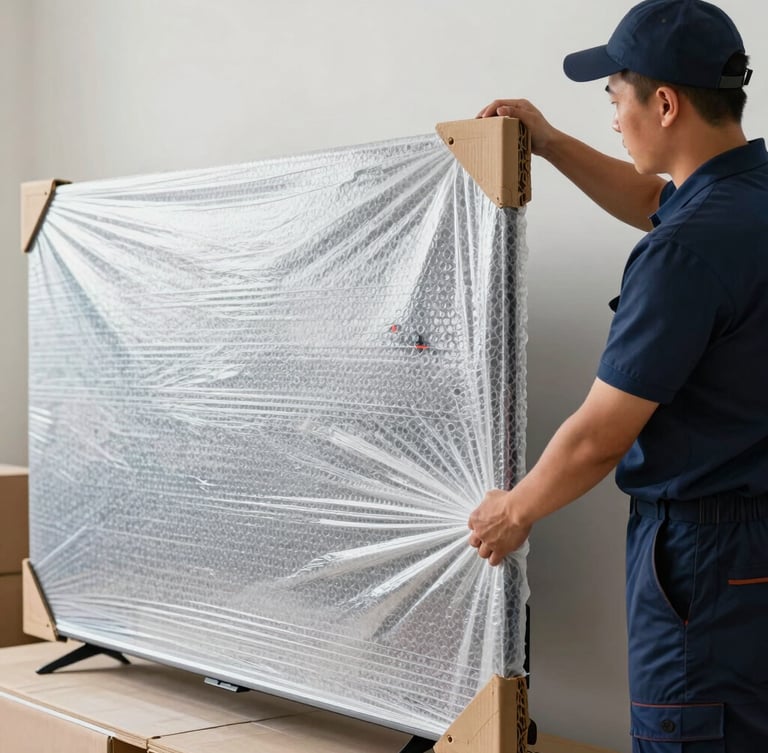 A professional packer in a clean dark blue uniform wrapping a large television screen with thick double-layer bubble wrap and custom corrugated corner protectors, natural daylight.
