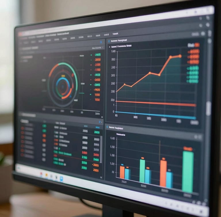Close-up of a technical UI showing live traffic metrics and conversion rate graphs on a clean monitor, soft daylight reflecting on glass
