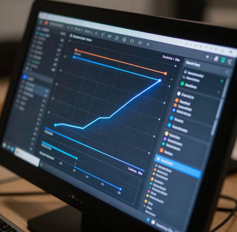 Gros plan net sur un écran de contrôle affichant un pipeline de vente moderne et épuré, courbes de conversion ascendantes, interface SaaS sombre, éclairage LED bleu électrique.