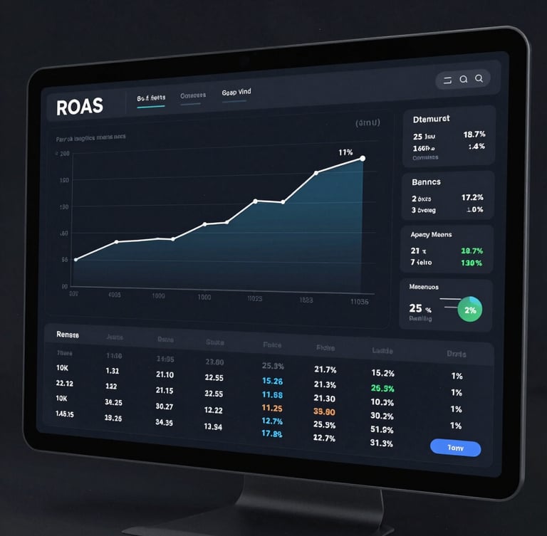 High-fidelity UI mockup of a modern advertising dashboard on a dark slate screen, showing positive ROAS curves, clean metrics, and conversion data, cool tech lighting.