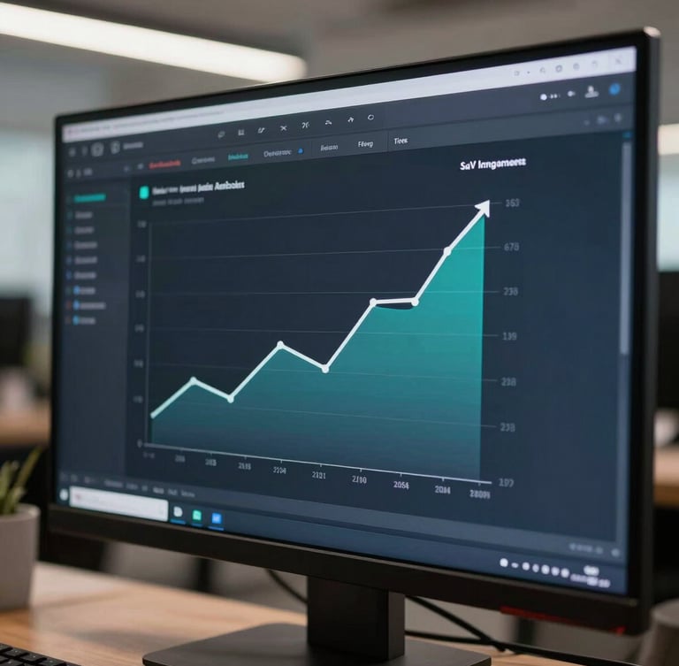 Close-up shot of a high-fidelity SaaS analytics dashboard showing upward conversion graphs on a clean dark monitor, cool-toned office lighting, soft focus.