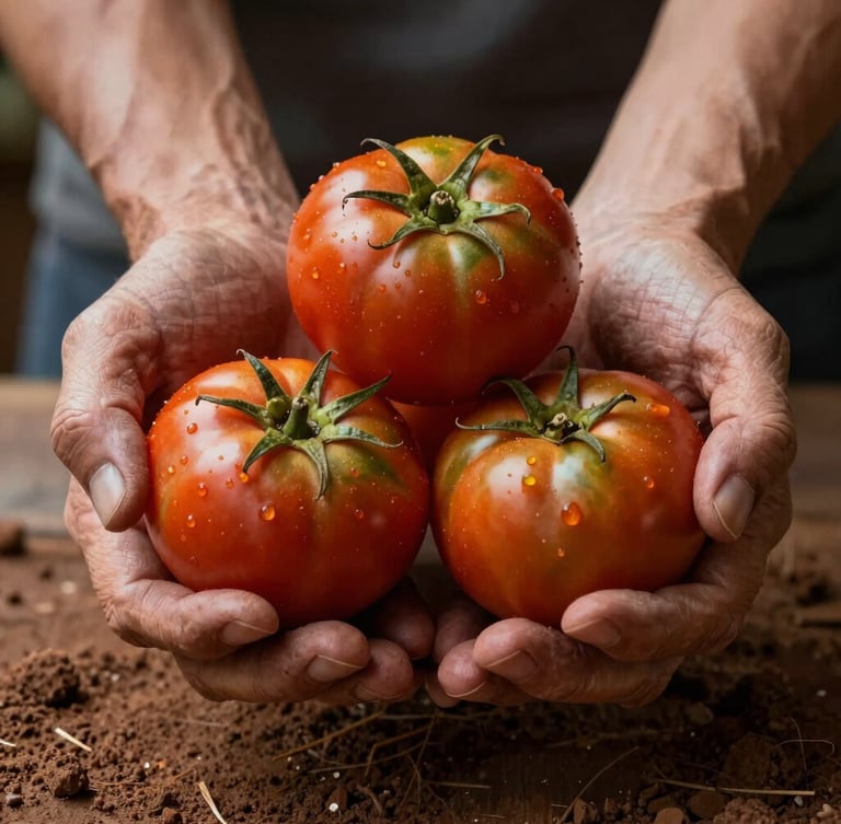 Fotografia em plano detalhe de mãos calejadas segurando tomates orgânicos recém-colhidos, terra escura úmida entre os dedos, iluminação natural dramática vinda da lateral, estilo escandinavo rústico.