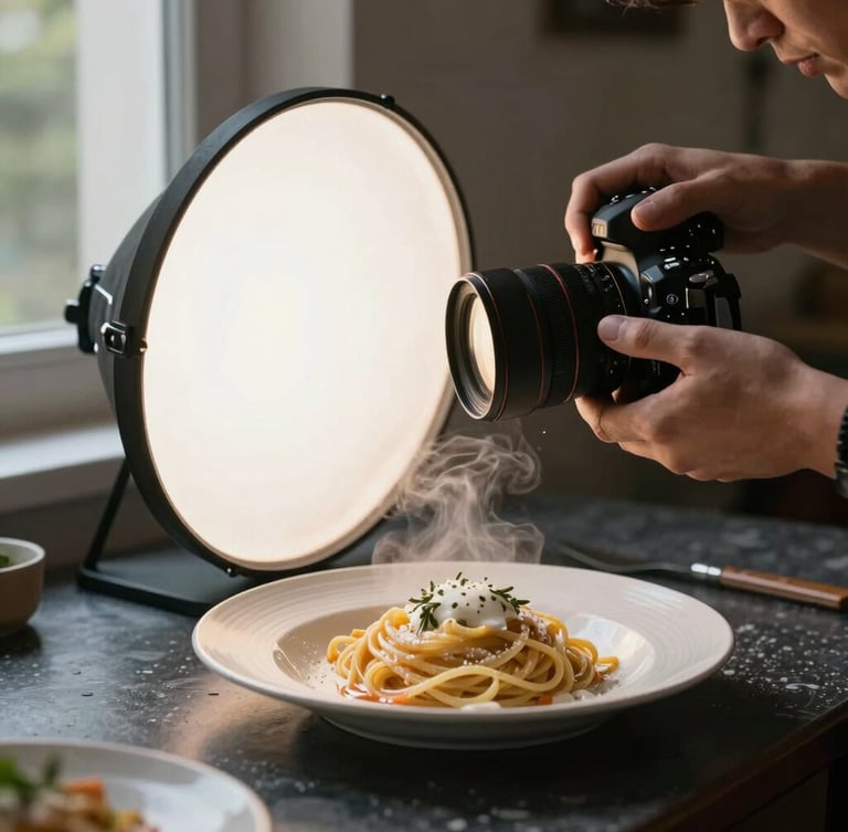 Behind the scenes: hands of a photographer adjusting a reflector beside a steaming plate of handmade pasta on a dark ceramic surface, soft moody window light, close-up.