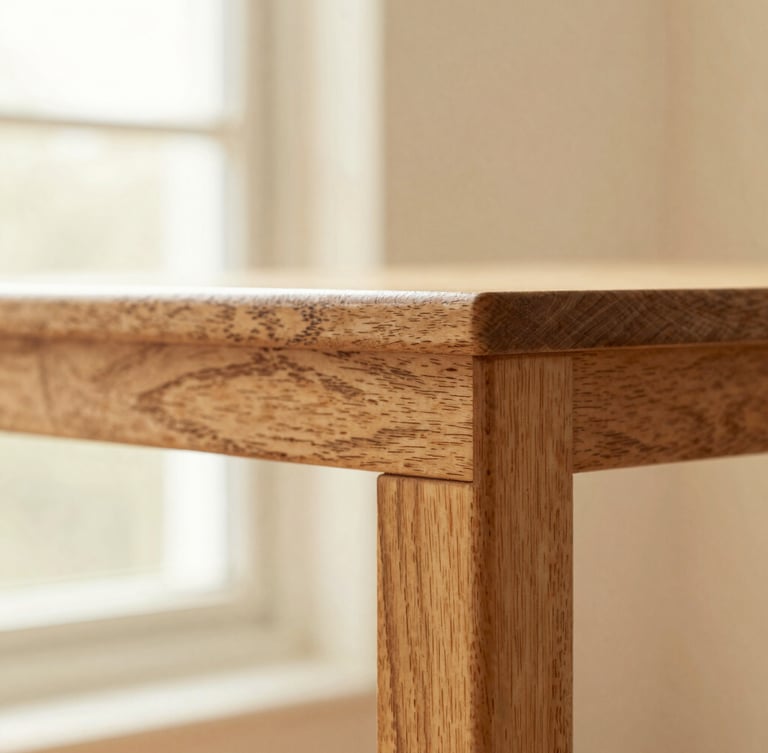 Macro photograph of a tactile honeyed oak wood joint, soft morning window light, warm cream background, shallow depth of field, 35mm