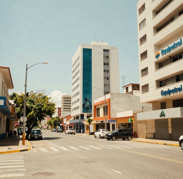 Wide environmental shot of Equipetrol business district in Santa Cruz de la Sierra under bright natural daylight, warm local sun, modern architecture, 35mm lens.