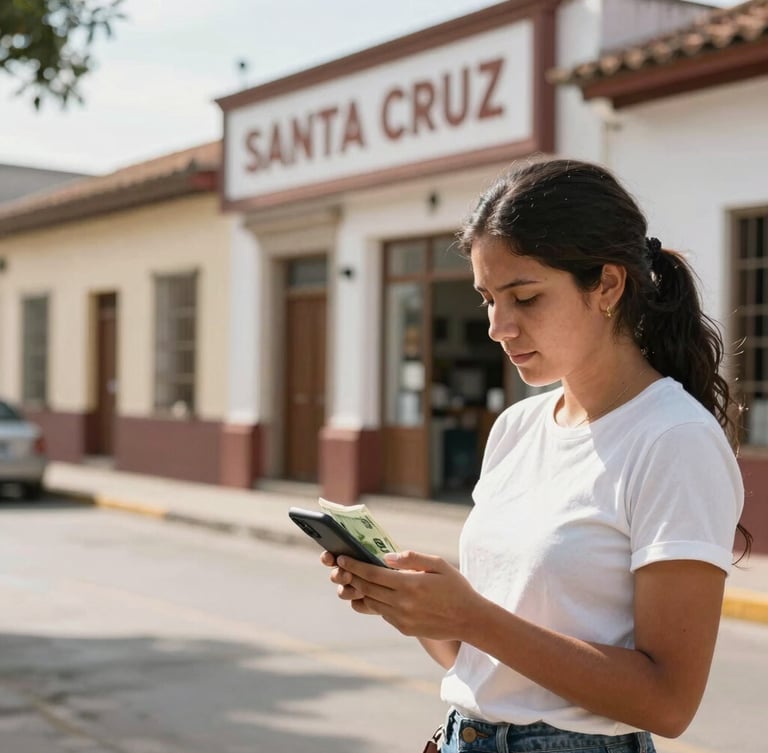 Warm editorial photograph of a local business owner in Santa Cruz de la Sierra, checking currency rates on a mobile phone with soft shadows and bright natural daylight.