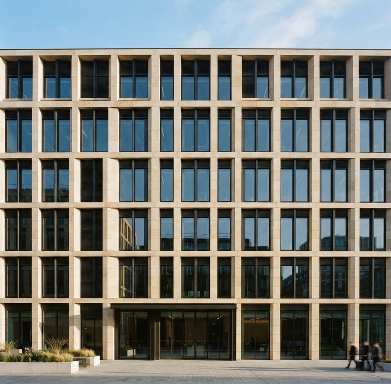 Wide architectural crop of a modern limestone office facade in crisp morning light, clean structured lines, elegant shadows, 35mm photography