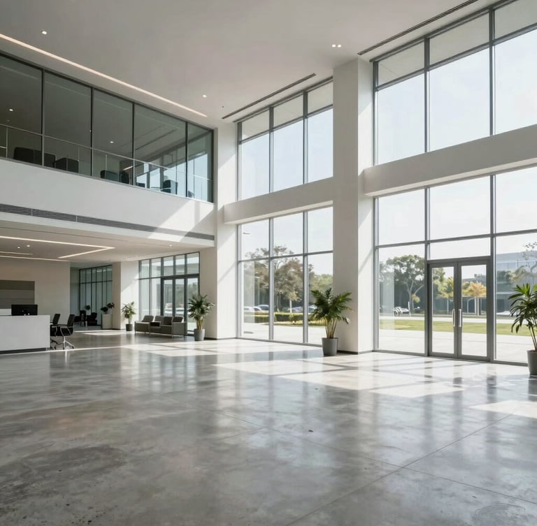 Wide panoramic view of a pristine modern commercial office lobby with polished concrete floors, floor-to-ceiling glass windows, and clean architectural lines in bright natural daylight.