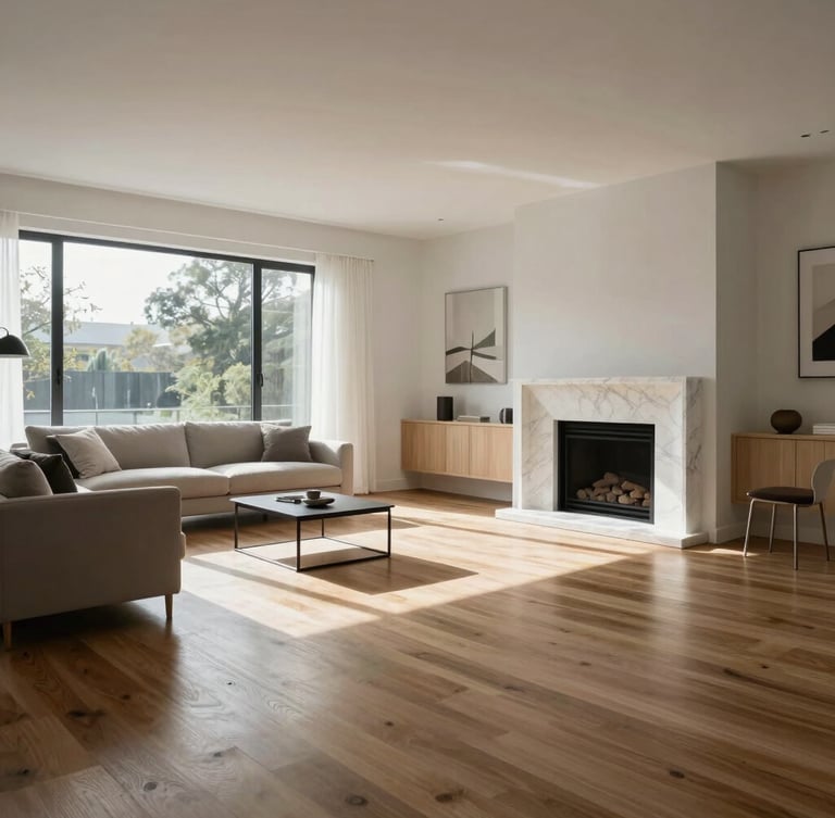 Wide-angle architectural photograph of a sunlit, modern living room with pristine hardwood floors, immaculate marble fireplace, and clean minimalist furniture, bright natural daylight, cool undertones.