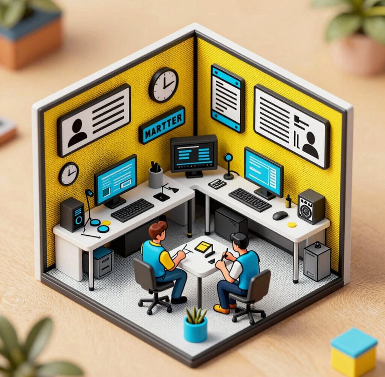 Isometric pop-art comic illustration of a miniature creative studio bustling with tiny marketers, bold ink outlines, bright yellow and cyan accents, halftone dot textures.