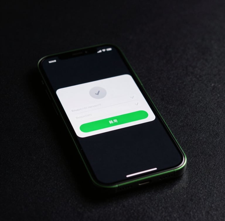 High-contrast macro shot of a modern smartphone showing an optimized checkout screen with a prominent green booking confirmation, set against a dark obsidian background.