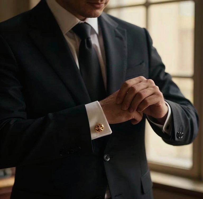 Close-up of a distinguished executive adjusting a gold cufflink, low-key chiaroscuro lighting, deep obsidian background, warm golden-hour window light, luxury editorial photography.