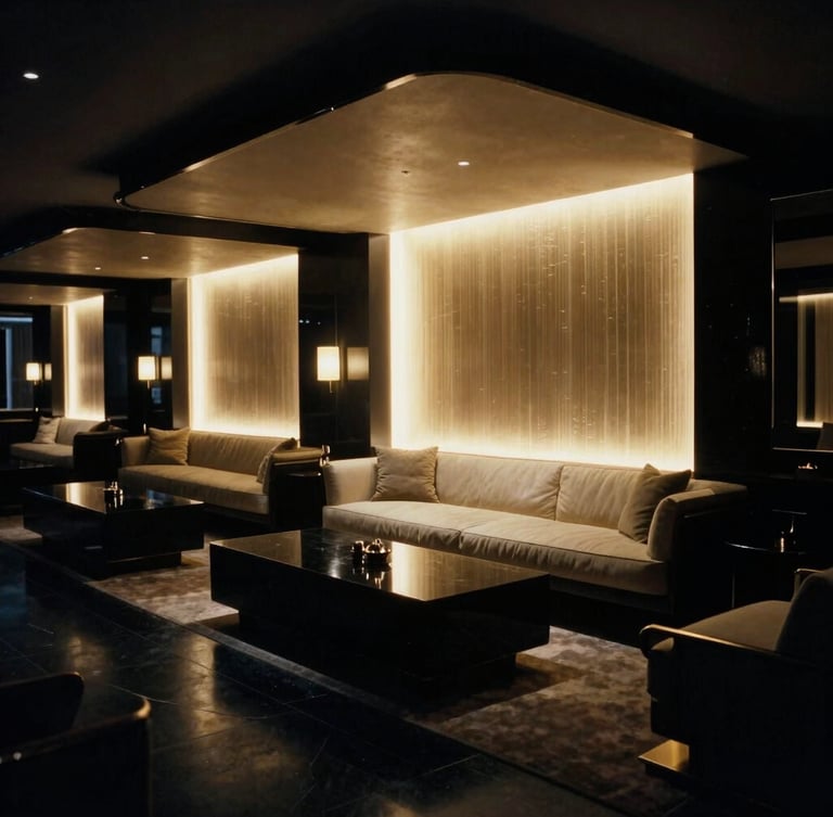 Cinematic wide environmental shot of a dimly lit VIP lounge in Zurich, dramatic architectural uplighting, obsidian surfaces, warm champagne gold highlights, 35mm film grain
