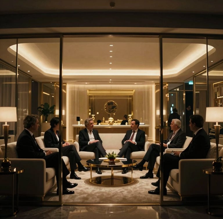 Cinematic wide shot of a luxury glass-walled private exhibition suite inside a high-end Dubai venue, warm golden architectural uplighting, distinguished executives in deep conversation, low-key lighting, 35mm film grain