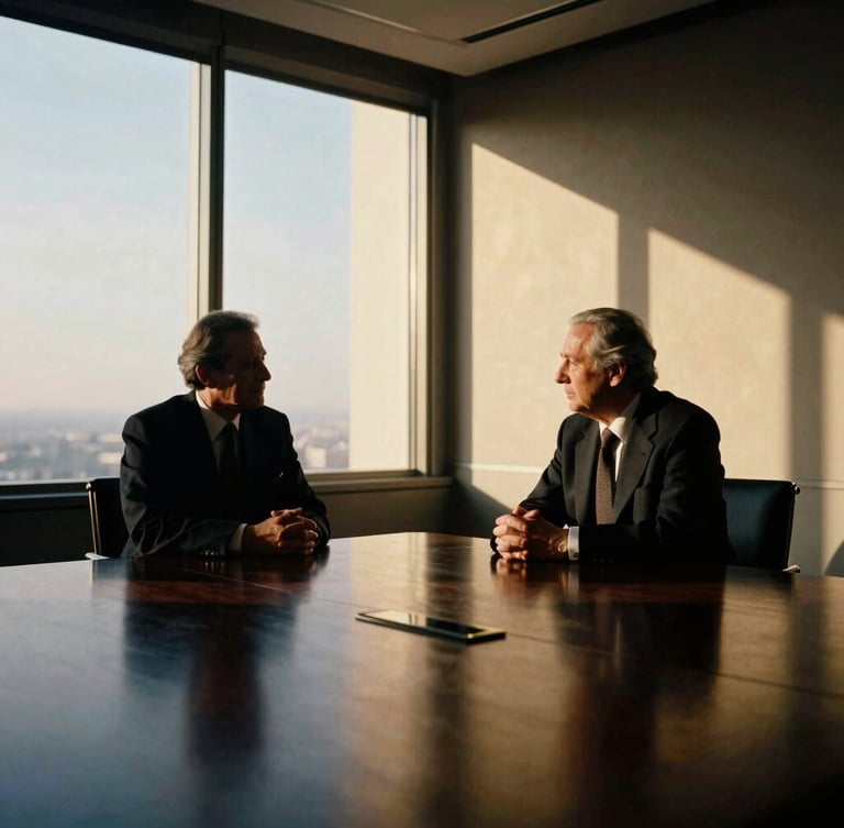 Low-key chiaroscuro portrait of two global leaders in deep conversation, architectural shadows, gold-hour window light, luxury boardroom setting, 35mm film grain
