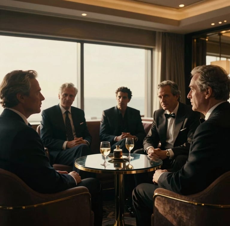 Cinematic close-up of distinguished executives in deep conversation inside a dimly lit VIP lounge, warm golden-hour window light, luxury editorial photography, 35mm film grain