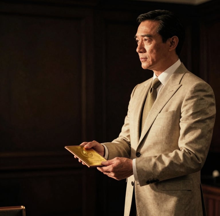 Cinematic low-key portrait of a distinguished executive in a tailored suit receiving a gold-embossed leather credential, warm golden-hour side lighting, luxury editorial photography style.