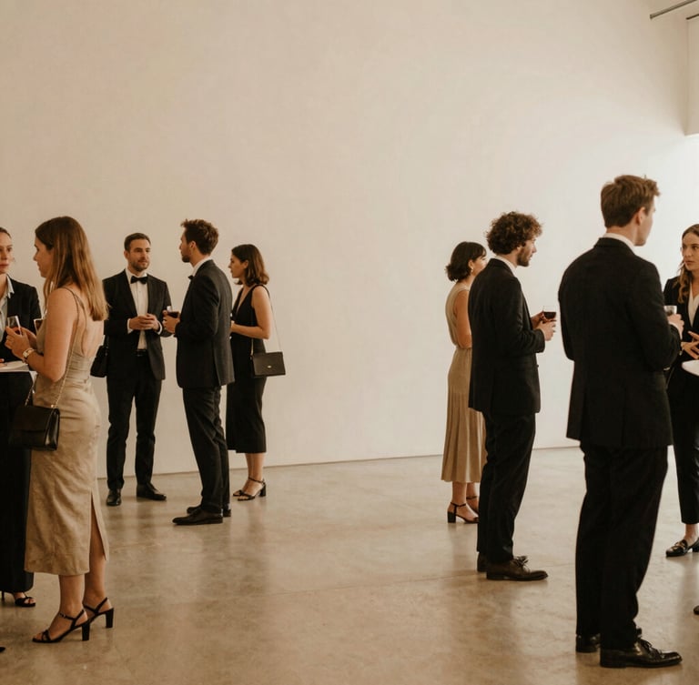 A wide, warm-toned photograph of a sophisticated event gathering, natural ambient light, soft tan tones, guests interacting in the background with generous negative space, medium format film