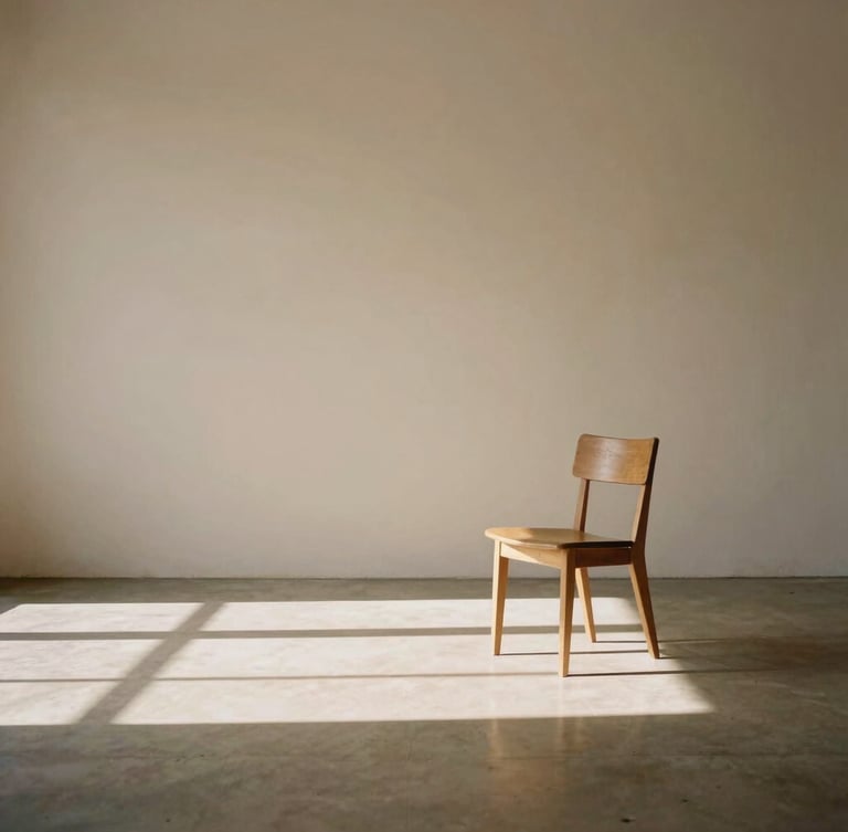 Warm minimalist medium-format photograph of a quiet, sunlit architectural photography studio in Los Angeles, soft natural light casting long elegant shadows across a concrete floor, a single wooden chair placed in generous negative space, 50mm lens, warm tan tones.