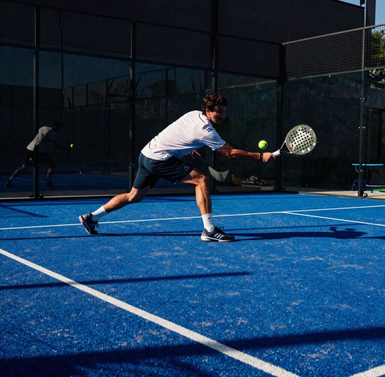 Dynamic low-angle action shot of a padel player mid-swing on a blue court, high-contrast Texas sunlight, sharp shadows, electric blue accents, wide-angle action lens, 35mm film grain.