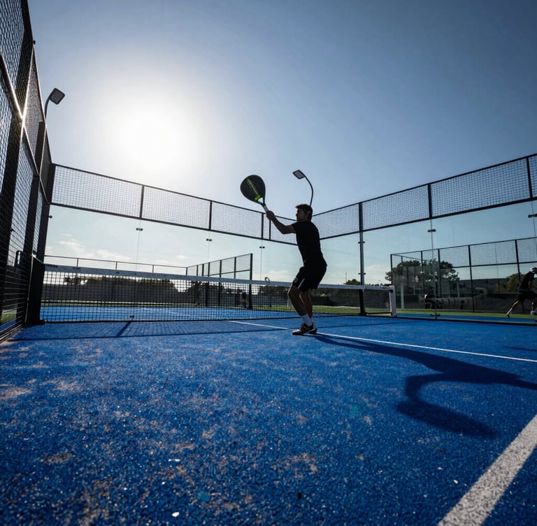Dynamic low-angle shot of a blue padel court under intense Texas sun, glass walls reflecting light, wide-angle action lens, high-contrast sports photography