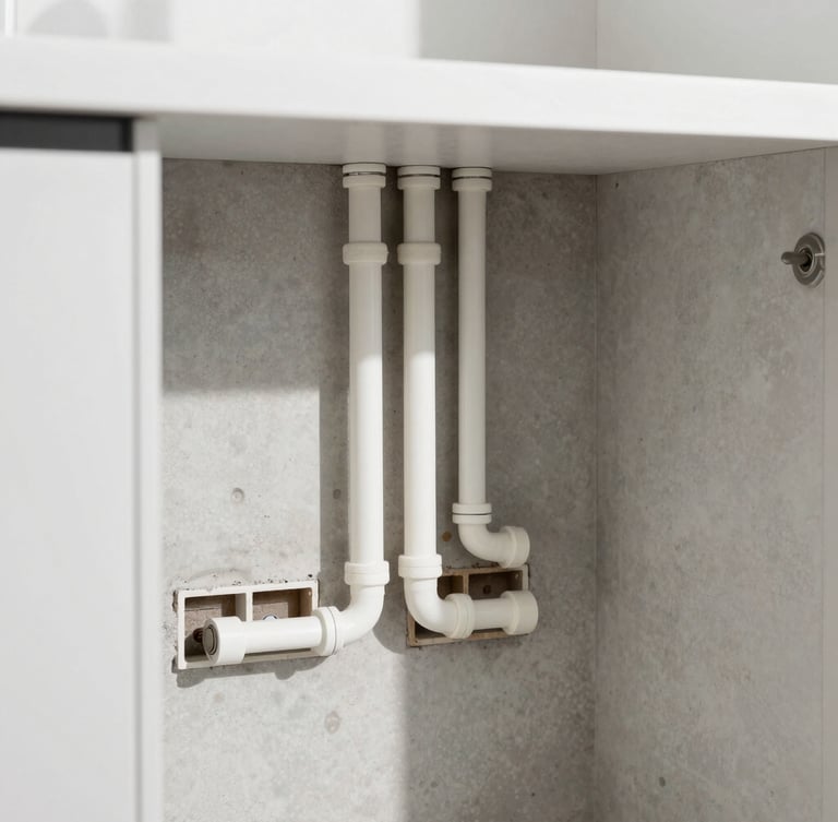 Close-up of a modern kitchen rough-in with perfectly aligned water pipes and electrical conduits on a clean concrete wall, bright daylight