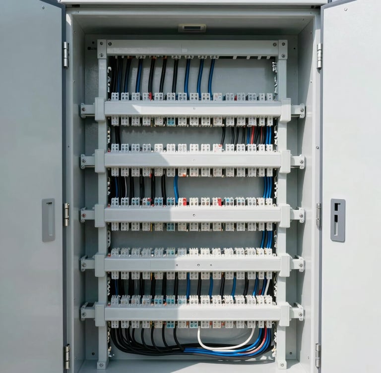 Straight-on technical architectural photography of a perfectly aligned, clean electrical cabinet with structured wiring and conduits, bright daylight, ultra-precise engineering.