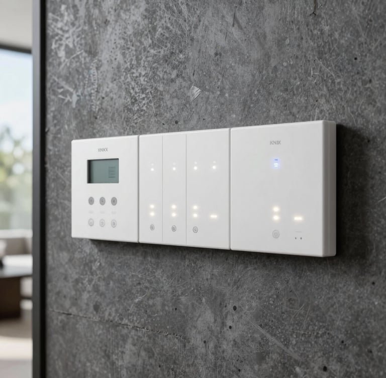 Straight-on architectural shot of a clean, perfectly aligned KNX smart-home control panel with glowing indicators, mounted on a dark concrete wall, cool daylight, 35mm lens