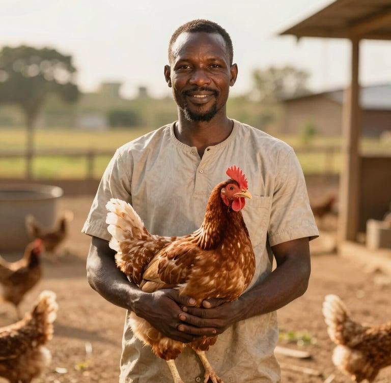 A proud Beninese poultry farmer standing in a sunny, clean outdoor farm environment, warm golden hour light, shallow depth of field