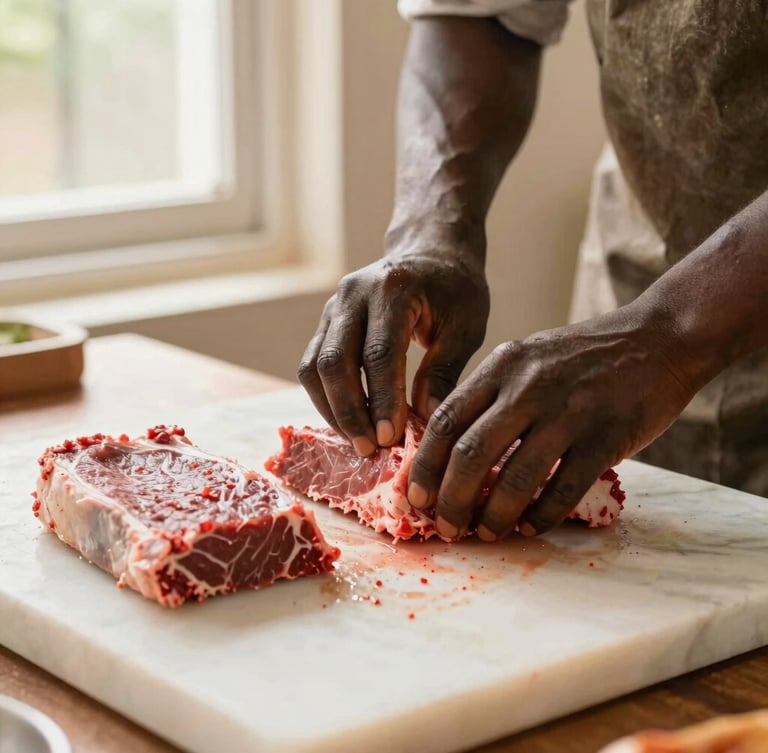 Close-up of a Beninese artisan butcher meticulously preparing fresh cuts of beef on a clean white marble block, warm natural window light, editorial food photography