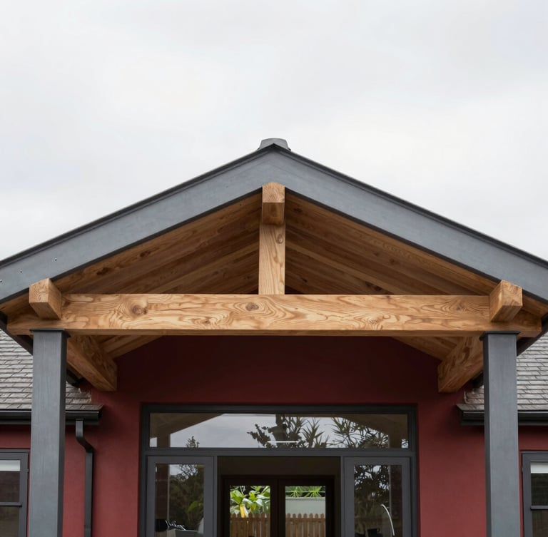 Straight-on architectural photograph of a bright, modern UK home extension, showing clean structural steel beams paired with bespoke oak joists, natural overcast daylight, rich desaturated tones