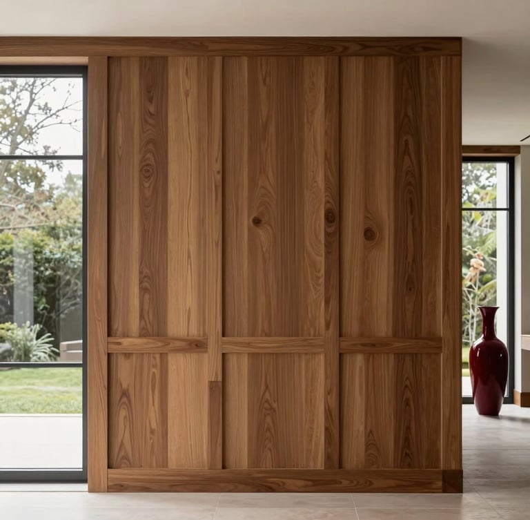 Straight-on architectural photograph of a luxury residential interior featuring bespoke oak wall paneling and a perfectly aligned structural column. Soft natural overcast daylight streams through a large window, highlighting the rich, desaturated timber textures and a subtle deep red decorative vase in the background. Crisp, clean lines, 35mm lens.